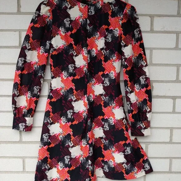 Vintage 60s 70s Mini Dress 30"B JR Bazaar Abstract Long Sleeves Mod GoGo Retro - Picture 2 of 10